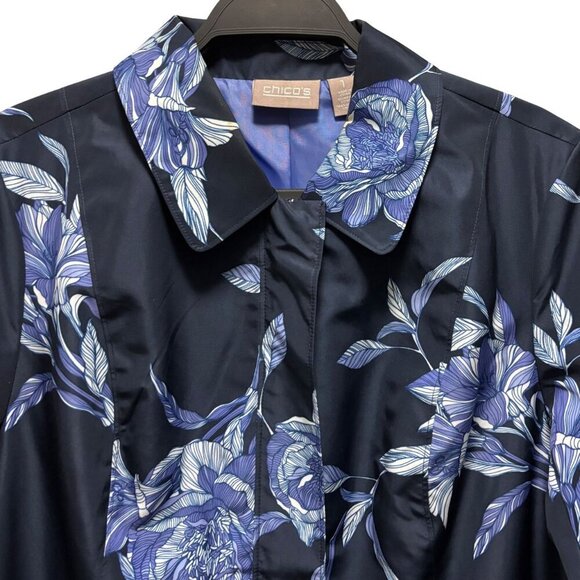 Chicos Womens Hihg Seas Floeal Navy Full Zip Rain Jacket Size 1 - Picture 5 of 9